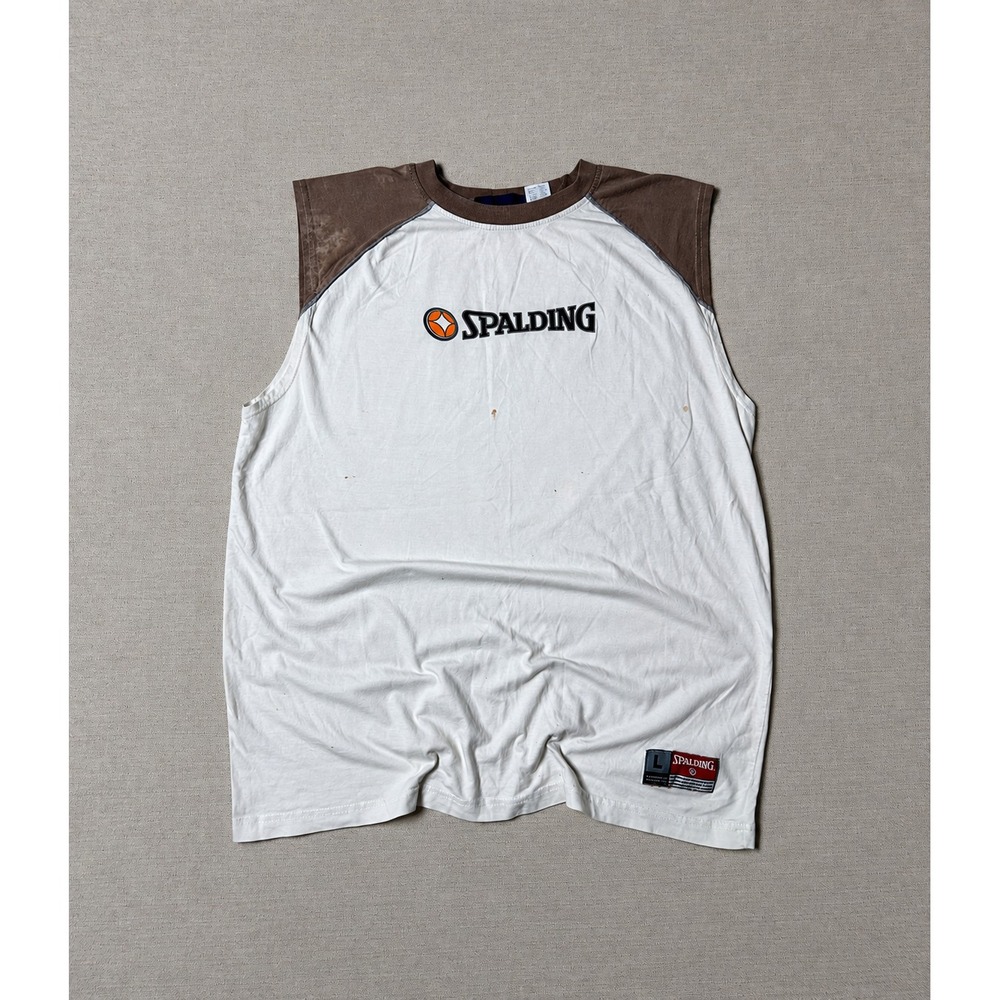 Vintage Spalding Athletic Tank Top Men's L White Brown Basketball Logo Sleeveles